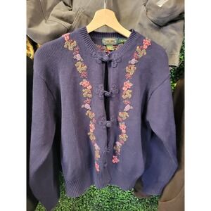 vtg 90s CHARTER CLUB CARDIGAN M // gauge knit floral embroidery cute sweater